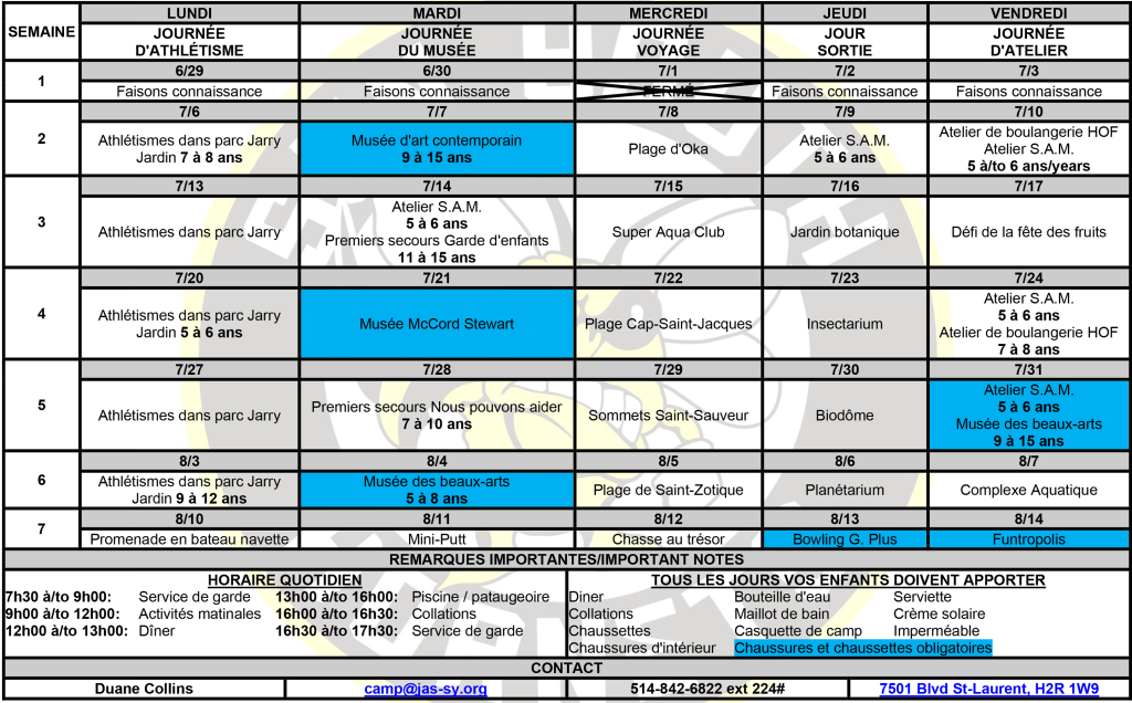 Horaire 2026 Schedule 2